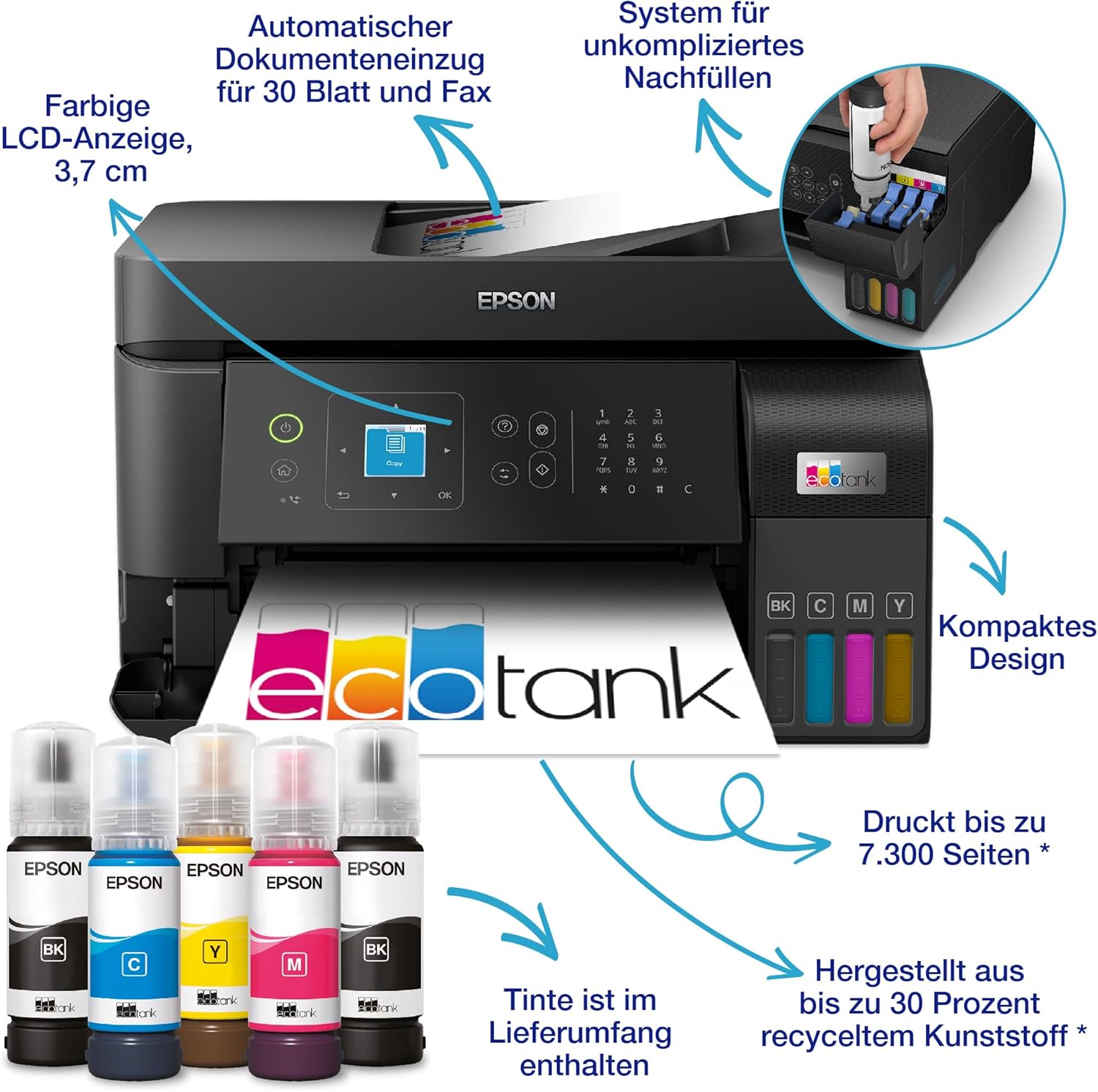 Epson EcoTank ET-4800 A4-Multifunktions-Wi-Fi-Tintentankdrucker, mit einem im Lieferumfang enthaltenen Vorrat an Tinten bis zu 3 Jahren