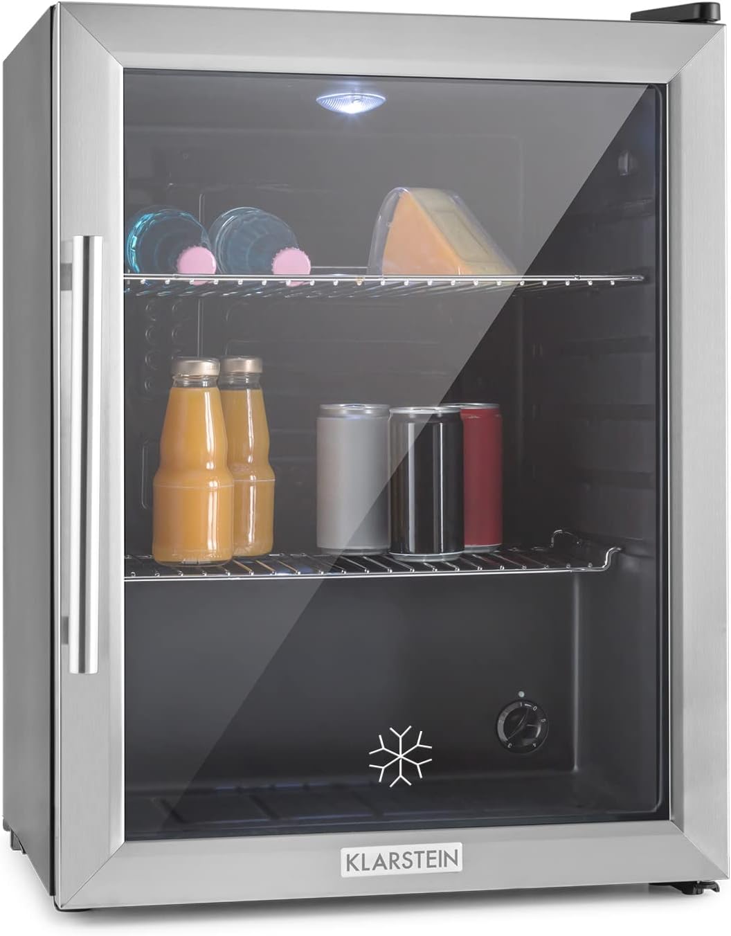 Klarstein Mini Kühlschrank mit Glastür für Zimmer, Getrnkekühlschrank mit Verstellbaren Ablagen, Kleiner 80 Liter, Indoor/Outdoor Kühlschrank Leise