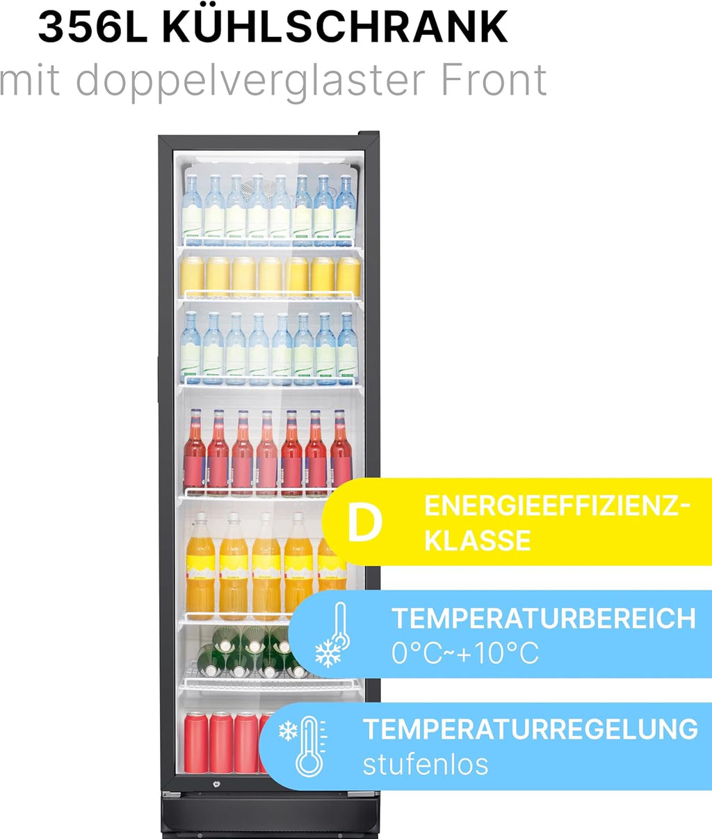 Bomann Kühlschrank mit Glastür | Getränkekühlschrank abschließbar | 6 höhenverstellbare Ablagen | 30kg je Ablage | 347 Liter | Kühlschrank groß | Flaschenkühlschrank m. LED-Licht | KSG 7351 schwarz